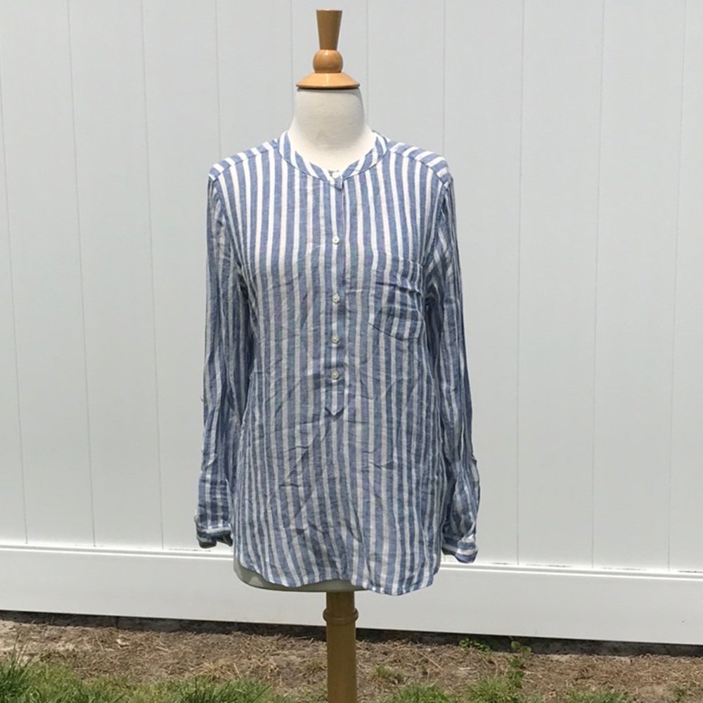 Lucky 🍀 Brand Linen Blend Blue and White Striped Button Down Shirt Size Medium